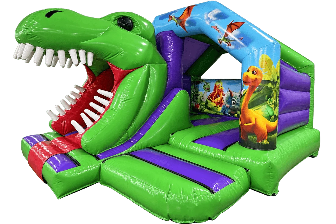 Brincolín Dino Aventura 3D verde con resbaladilla en forma de dinosaurio
